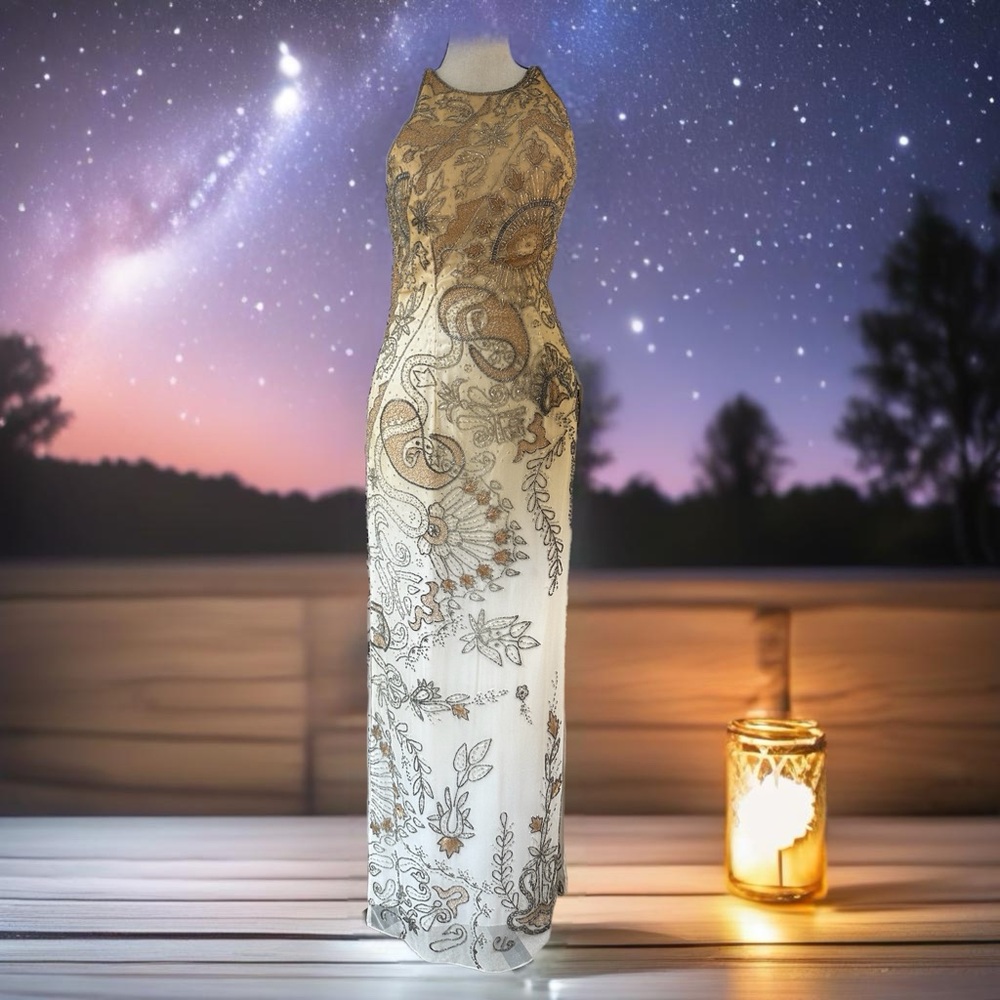Mia Bella	Embellished Champagne, Cream and Silver Long Dress-Size 2 NWT